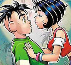 Cebolinha e Mônica. Ele quer colocar o Bidu dele na Rosinha dela.