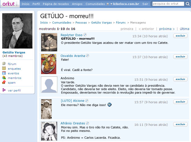 Comunidade “Getúlio Vargas” de 1954 no Orkut.