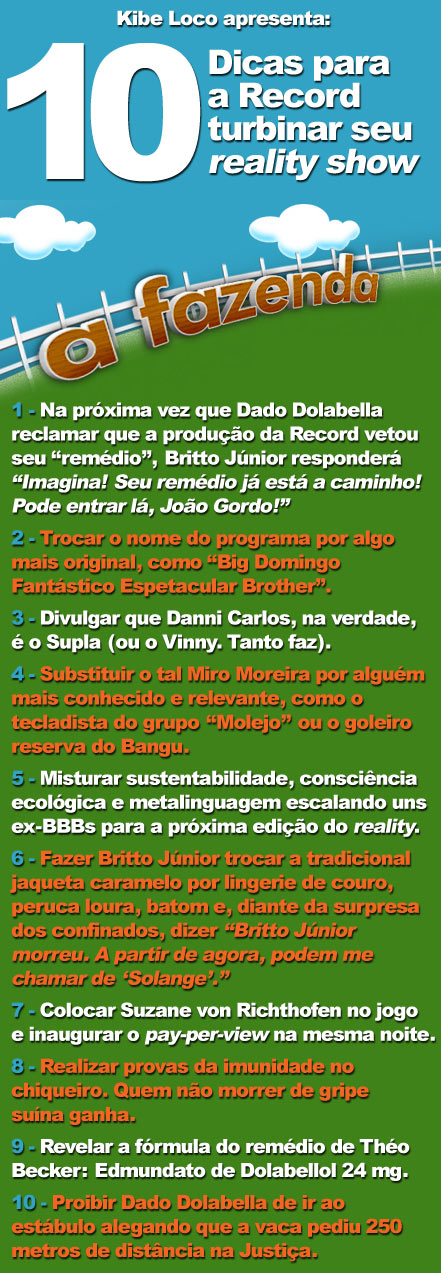 Dez dicas para a Record turbinar seu reality show, “A Fazenda”.